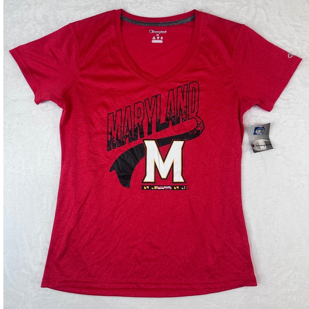 Champion Maryland Terrapins V-Neck T-Shirt Womens XL Red Heather Performance New